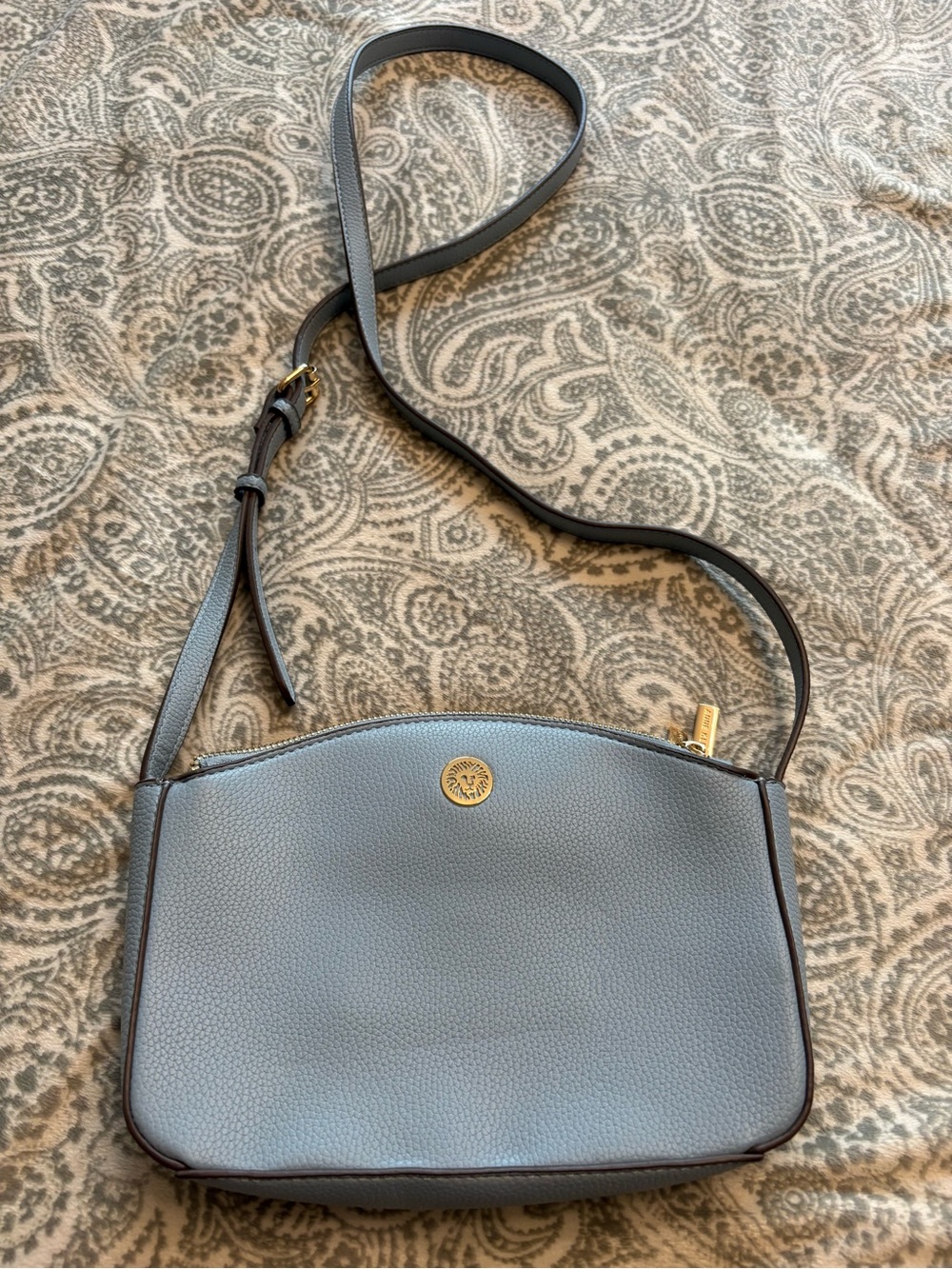 Anne Klein Light Gray Pebbled Leather Crossbody with Gold Accent